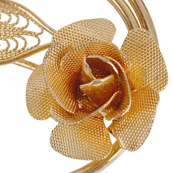 VTG Signed Sarah Coventry Mesh Rose Brooch Gold Tone Filigree Mid Century Pin - Picture 3 of 8